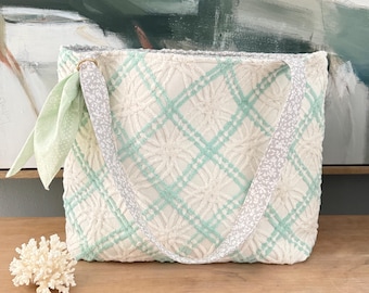 Vintage Chenille Tote Bag | Mint Green Cottagecore Tote | Handmade Repurposed Vintage Blanket Bag