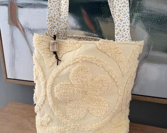 Repurposed Butter Yellow Chenille Everyday Tote Bag | Cottagecore Market Bag | Floral Lined Shoulder Bag