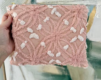 Blush Vintage Chenille Carryall Pouch | Handmade Zipper Pouch | Repurposed Vintage Fabric | Journal Pouch | Makeup Bag | One of a Kind