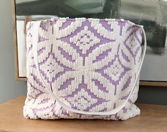 Vintage Chenille Tote Bag | Lavender Cottagecore Tote | Handmade Repurposed Vintage Blanket Bag | One of a Kind Floral Shoulder Bag