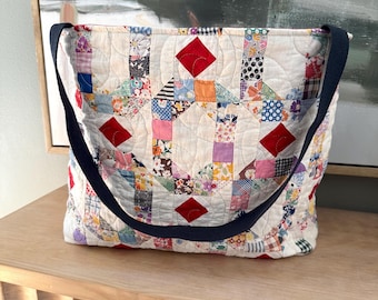Vintage Quilt Tote Bag | Large Patchwork Market Tote | Handmade Quilted Shoulder Bag | One of a Kind Repurposed Textile Bag
