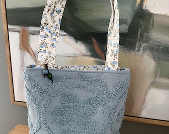 Repurposed Blue Vintage Chenille Tote Bag | Handmade Everyday Tote | Cottagecore Market Bag | Floral Lined Shoulder Bag