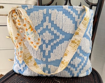 Repurposed Vintage Chenille Tote Bag | Blue & White Cottagecore Shoulder Bag | Handmade Vintage Blanket Tote | Floral Lined Bag