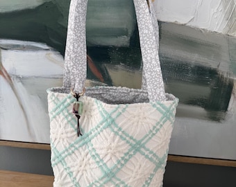 Repurposed Mint and White Chenille Everyday Tote Bag | Cottagecore Market Bag | Floral Lined Shoulder Bag