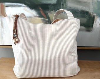 Handmade Linen Stripe Market Tote | Large Neutral Tote Bag | Farmhouse Market Bag | Everyday Carryall | One of a Kind Handmade Tote