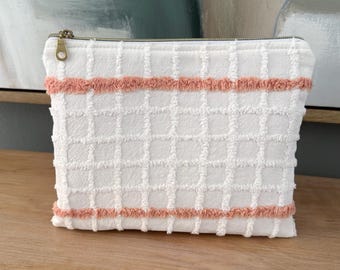 Vintage Coral and White Chenille Carryall Pouch | Handmade Zipper Pouch | Repurposed Vintage Fabric | Journal Pouch | Makeup Bag