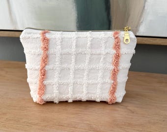 Vintage Chenille Everyday Pouch | Handmade Zipper Pouch | Pink & White Floral Cosmetic Bag | Quilted Fabric Organizer