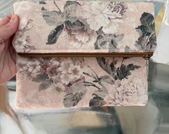 Fold Over Clutch | Repurposed Floral Tapestry Clutch | Handmade Zipper Pouch | One of a Kind Evening Bag | Floral Wristlet Alternative