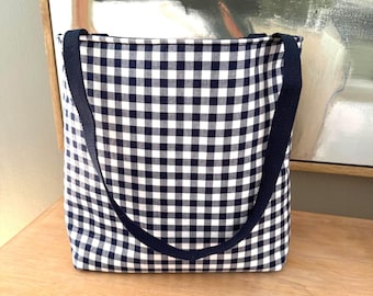 Navy Gingham Tote Bag | Handmade Day Tote | Blue Check Shoulder Bag | Everyday Fabric Tote | Cottage Coastal Market Bag