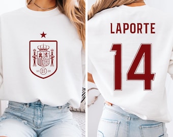 Laporte #14 Spain Inspired Jersey Logo Style Graphic Tee, 2-Sided Star Player Tribute for Fans, Soccer World Tournament Gift Unisex T-Shirt