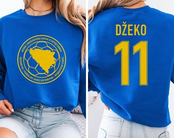 Dzeko #11 Bosnia Inspired Jersey Logo Style Graphic Tee, 2-Sided Star Player Tribute for Fans, Soccer World Tournament Gift Unisex T-Shirt