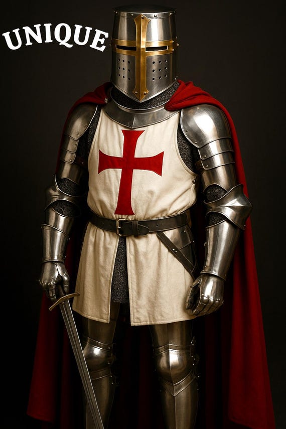Templar Knight Armor Set | Crusader Steel Armor with Red Cross Tunic & Cape | Medieval LARP Cosplay Reenactment Wearable Armor