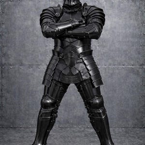 Könnte beinhalten: Komplette schwarze mittelalterliche Rüstung. Die Rüstung umfasst einen Helm, Brustpanzer, Schulterpanzer, Arm- und Beinschutz sowie Stiefel. Die Person steht mit verschränkten Armen da. Das Medieval Store-Logo befindet sich oben rechts.