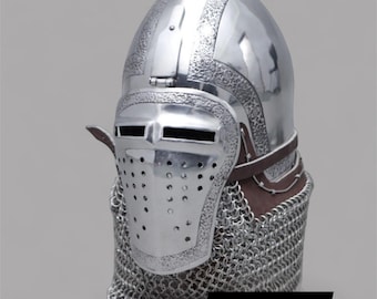 Medieval Crusader Knight Helmet with Chainmail Aventail | Templar Helmet | 18 Gauge Steel Armor | Collectible Steel Helmet | Engraved Helmet
