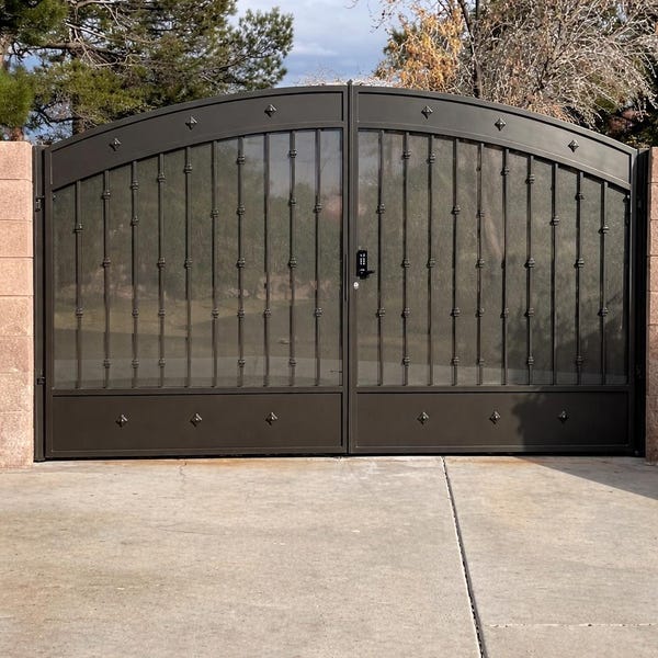 Modern Arched Double Driveway Gate with Perforated Metal | Custom Steel Privacy Gate | Powder Coated Iron Gate | Made to Order Entry Gate