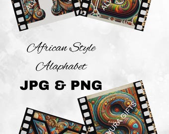 May include: Colorful African-style alphabet letters H, B, M, and S, each with intricate patterns and textures. The letters are presented within filmstrip borders, with the text "ALVURA GIFTS" on each. The image also includes the text "African Style Alphabet JPG & PNG."