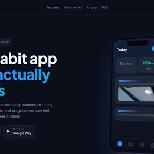 Może przedstawiać: Ciemny interfejs strony internetowej aplikacji do nawyków Motion. Strona zawiera tekst 'The habit app that actually sticks' oraz makietę smartfona z pulpitem nawigacyjnym pokazującym 7-dniową passę i 92% tygodniowego postępu.