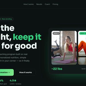 Könnte beinhalten: Eine dunkel gestaltete Website-Oberfläche für das 12-wöchige Lean-Coaching-Programm. Die Seite enthält den Text Lose the weight, keep it off—for good, zwei Vorher-Nachher-Fotos, einen Start today-Button und verschiedene Statistiken.