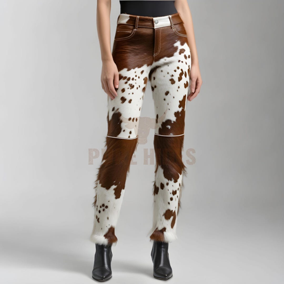 Women’s Cowhide Leather Pants – Real Hair-on Brown & White Leather ...