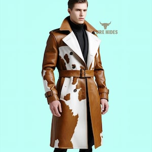 Genuine Cowhide Leather Trench Coat for Men – Real Hair-On Calfskin Overcoat – Handmade Western Long Coat – Custom Cowboy Duster Jacket