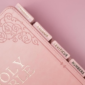 May include: Close-up of a pink Bible with gold lettering and decorative embossed floral patterns. The book has labeled tabs for Genesis, Exodus, Leviticus, and Numbers. The background is a solid pink.