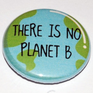 May include: A circular badge with a light blue backdrop, displaying green continents and the black text "THERE IS NO PLANET B". The badge has a shiny surface and a white edge, promoting environmental awareness.