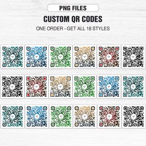 Custom QR Code PNG Bundle – 18 Unique Styles, Personalized QR Code with Logo, High Resolution Qr Codes for Business & Packaging
