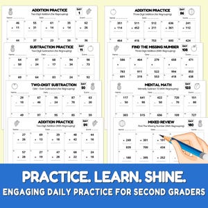 May include: A collection of printable math worksheets for second graders, featuring addition, subtraction, and mental math problems. The worksheets are designed for daily practice and include a variety of exercises.