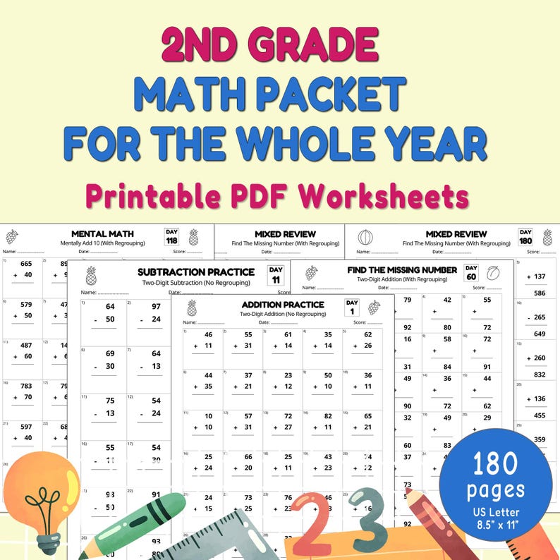 May include: A printable PDF worksheet packet for 2nd grade math. The packet includes subtraction, addition, and mixed review problems. The worksheets are designed for the whole year and are US Letter size, 8.5" x 11", with 180 pages.