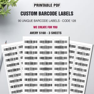 Puede incluir: Etiquetas de código de barras personalizadas en PDF imprimible. La imagen muestra hojas de etiquetas blancas con patrones de código de barras negros. El texto dice "90 etiquetas de código de barras únicas - Código 128" y "Avery 5160 - 3 hojas."