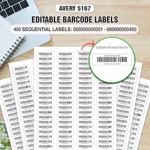 Puede incluir: Una hoja de etiquetas de código de barras editables Avery 5167 con 400 etiquetas secuenciales numeradas del 000000000001 al 000000000400. Las etiquetas son blancas con códigos de barras y texto en negro, incluyendo un ejemplo resaltado.