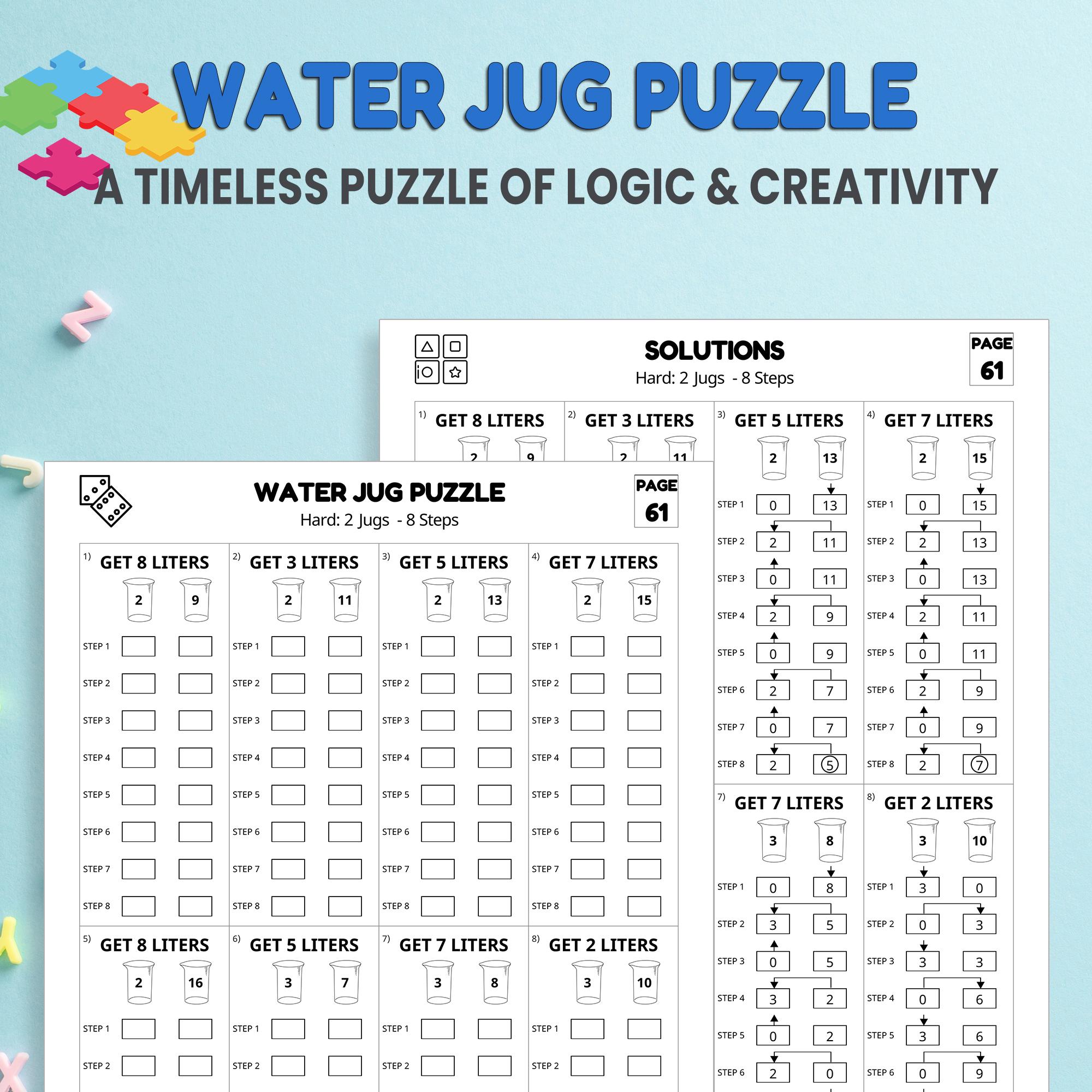 Water Jug Puzzle 100 Printable Pages | Water Pouring Puzzle | Water Jug ...