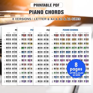 以下が含まれることがあります： 印刷可能なPDFピアノコード表。メジャー、マイナー、その他のコードタイプを含む8つのバージョンがあります。レター、A4、A3、A2サイズで利用可能。デザインは、色分けされた音符のピアノキーボード図です。