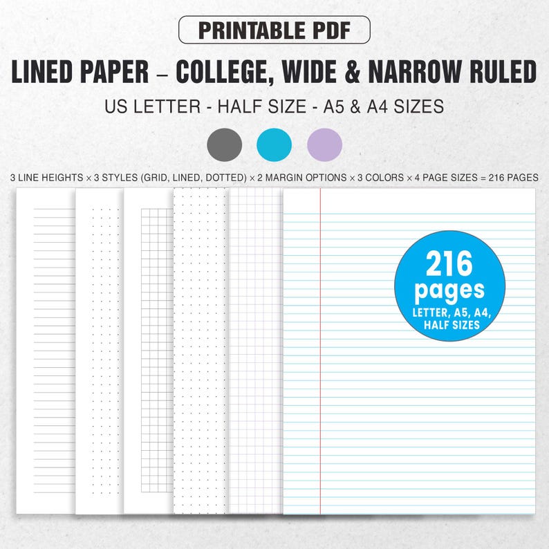 Dot Grid Paper, Lined Paper, Graph Paper – College Ruled, Wide Ruled ...