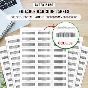 Könnte beinhalten: Ein Bogen mit weißen, bearbeitbaren Avery 5160 Barcode-Etiketten mit schwarzen Code 39-Barcodes und fortlaufender Nummerierung von 000000001 bis 0000000300. Die Etiketten enthalten einen Platzhalter für einen Produktnamen, Portable Power Bank 10000mAh.