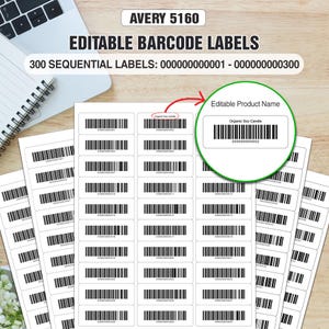 May include: White Avery 5160 label sheets with black barcode labels. The text on the labels reads "EDITABLE BARCODE LABELS" and "300 SEQUENTIAL LABELS". A close-up shows a label with the text "Organic Soy Candle" and a barcode.