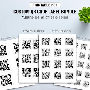 Op de afbeelding: Een printbare PDF-bundel met aangepaste QR-code labels voor Avery 94106, 94107, 94104 en 94101 sjablonen. De vellen tonen vierkante labels in de maten 7,62x7,62 cm, 6,35x6,35 cm, 5,08x5,08 cm en 3,81x3,81 cm met verschillende aantallen per vel.