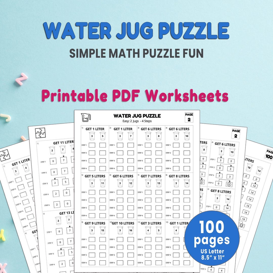 Water Jug Puzzle 100 Printable Pages | Water Pouring Puzzle | Water Jug ...