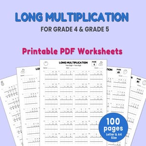 Puede incluir: Una pila de hojas de trabajo PDF imprimibles para la multiplicación larga, diseñadas para los grados 4 y 5. Las hojas de trabajo presentan problemas de multiplicación de dos dígitos por dos dígitos. La imagen incluye el texto "100 páginas, tamaño Carta y A4".