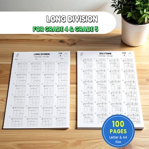 May include: Two white paper sheets featuring long division math problems for grade 4 and 5 students. The left sheet contains three-digit by one-digit division grids, while the right sheet displays the corresponding solutions. Both pages are labeled page 1.