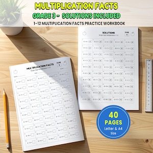 May include: A multiplication facts practice workbook for grade 3 students, featuring two white pages with math problems and solutions, a yellow pencil, and a metal ruler. The text reads Multiplication Facts, Grade 3, Solutions Included, 1-12 Multiplication Facts Practice Workbook, 40 Pages, Letter & A4 Size.