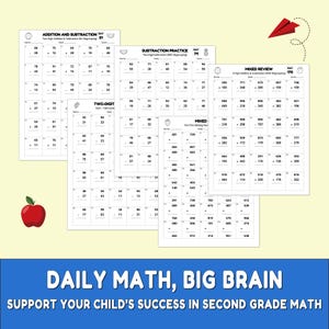 May include: A collection of printable math worksheets for second grade, featuring addition, subtraction, and mixed review problems. The worksheets are white with black text and include an apple graphic and the text "DAILY MATH, BIG BRAIN".