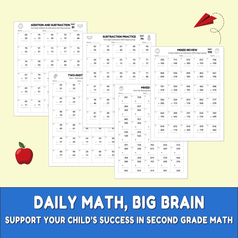 May include: A collection of printable math worksheets for second grade, featuring addition, subtraction, and mixed review problems. The worksheets are white with black text and include an apple graphic and the text "DAILY MATH, BIG BRAIN".