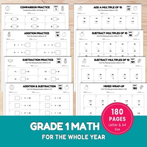 Può includere: Una raccolta di otto schede di matematica in bianco e nero per studenti di prima elementare, con esercizi di addizione, sottrazione e confronto, icone di frutta, numeri dei giorni e un bollino rosa con scritto 180 pages.
