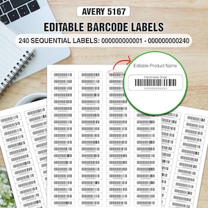 Può includere: Un foglio di etichette con codice a barre modificabili Avery 5167 contenente 240 etichette sequenziali numerate da 00000000001 a 000000000240. Un riquadro circolare mostra un dettaglio con il testo Handmade Soap sopra un codice a barre.