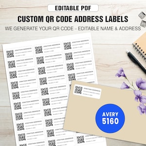 May include: Sheets of custom QR code address labels with the text "EDITABLE PDF" and "CUSTOM QR CODE ADDRESS LABELS". Each label includes a QR code and the name and address "JONATHAN ANDERSON". A blue Avery 5160 label is on an envelope.