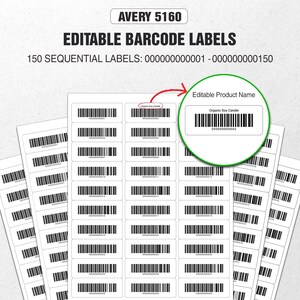 May include: White Avery 5160 label sheets with black barcode labels. The text "EDITABLE BARCODE LABELS" and "150 SEQUENTIAL LABELS" are displayed. A close-up shows an "Organic Soy Candle" label with a barcode and the number 000000000002.