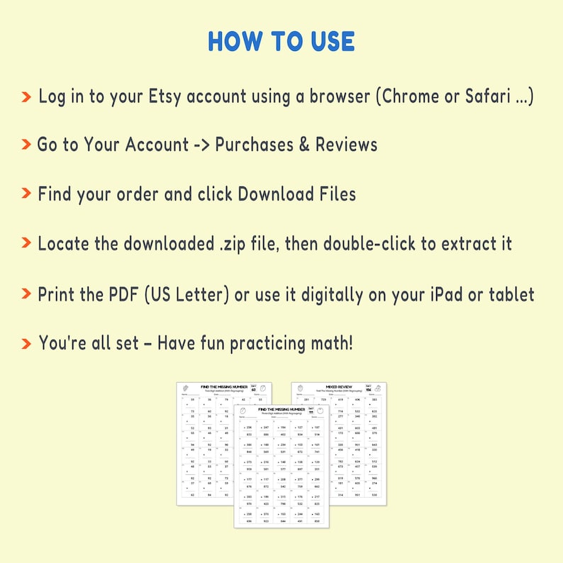 May include: A light yellow background with instructions in blue text on how to use a digital product purchased on Etsy. The instructions include steps to download and print a PDF file. Three math worksheets are shown at the bottom.