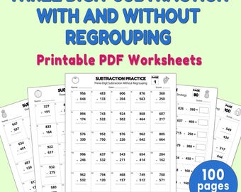 Three Digit Subtraction Worksheets, Subtraction With and Without Regrouping, Grade 2 Math Printables, Grade 2 Math, 3-Digit Subtraction
