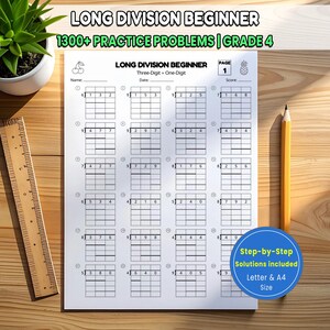 May include: A white paper worksheet titled LONG DIVISION BEGINNER with 1300+ PRACTICE PROBLEMS | GRADE 4. The page features twenty-four three-digit by one-digit division problems in a grid format, with a cherry icon, pineapple icon, and page number 1.